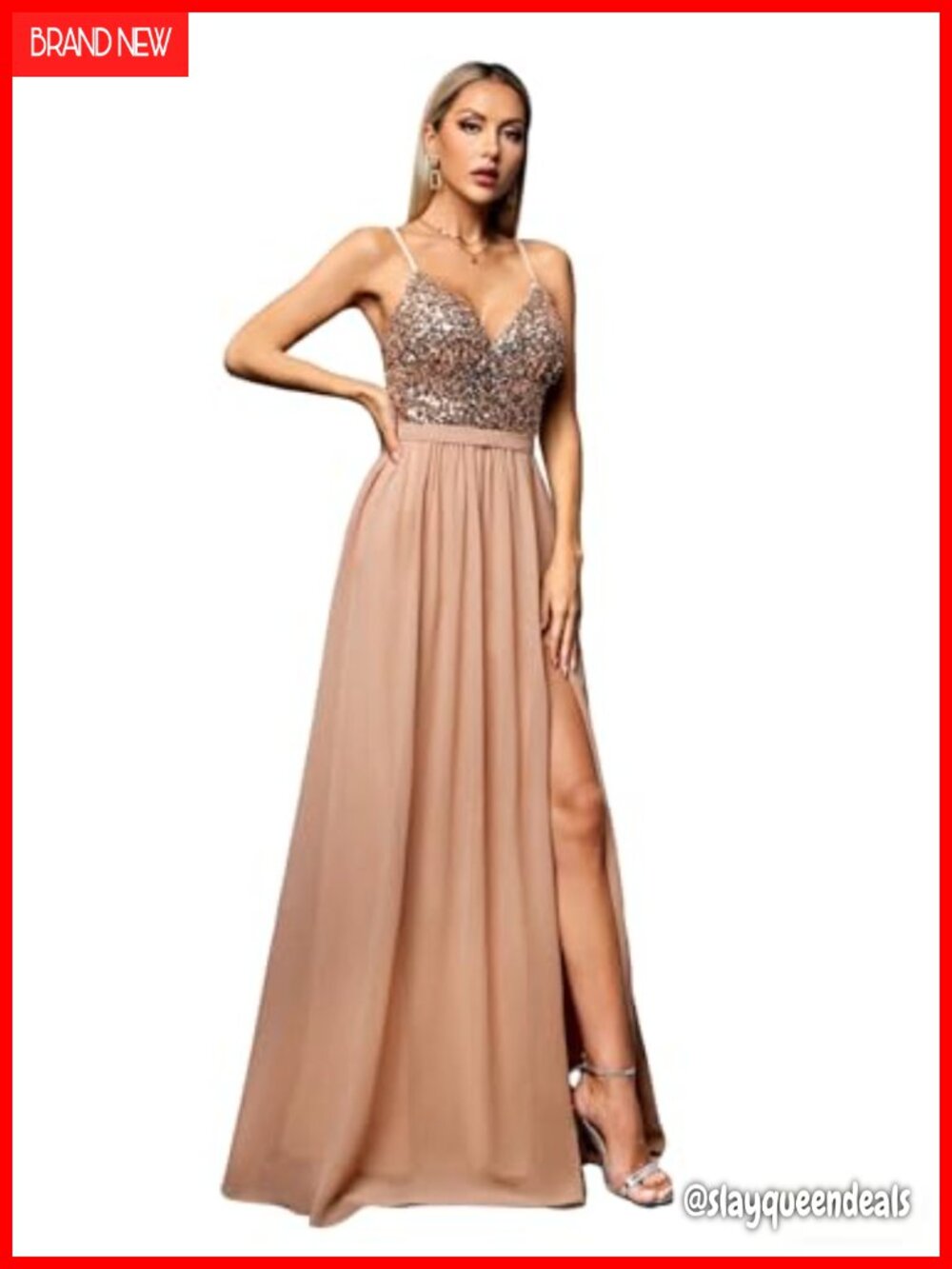 Spaghetti Strap Sequin V Neck Chiffon Maxi Dress Formal Prom Wedding